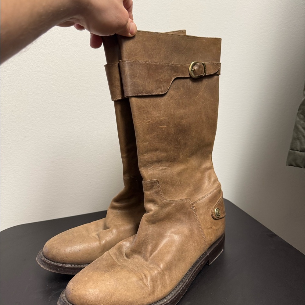 Tan Leather Riding Boots with Buckle